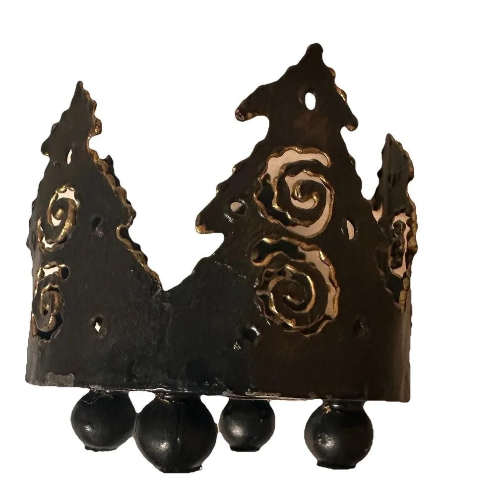 Pier 1 Imports Forged Metal Pine Tree Footed Rustic Candle‎ Holder Gold Accents